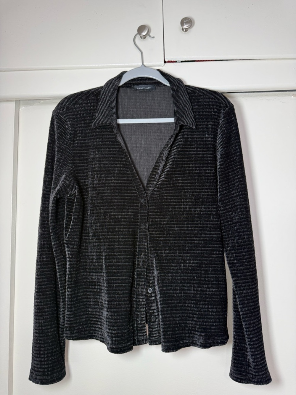 Sanctuary Black Ribbed Velvet Button-Down Top